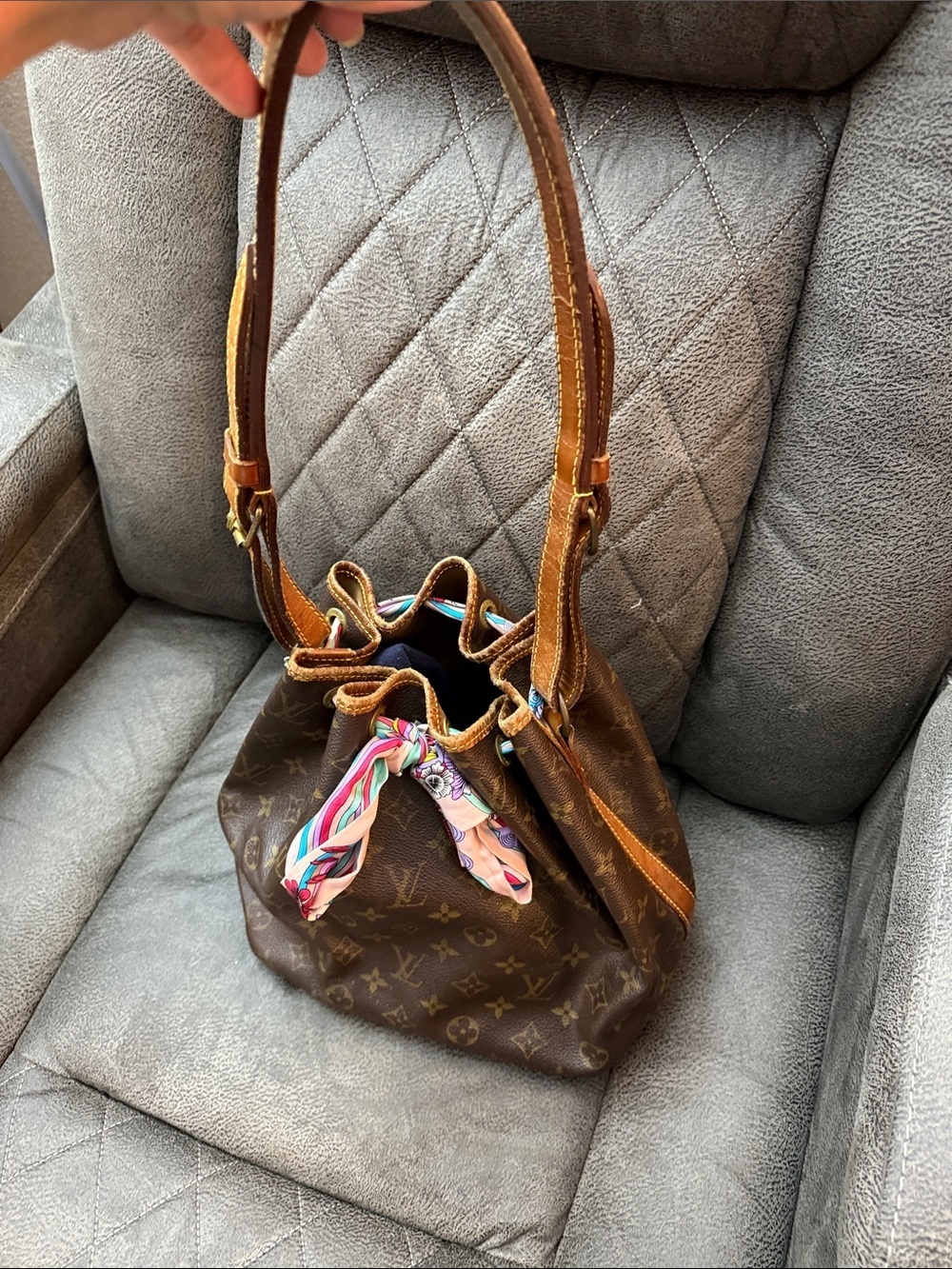 Louis Vuitton Noe Brown Monogram Bucket Shoulder Bag with Scarf Accent